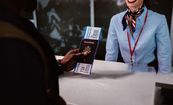 Close-up of man's hand holding passport and boarding pass at airline check-in desk at airport